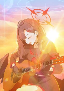 1girl absurdres ahoge armband black_choker black_gloves black_hair black_serafuku black_shirt black_skirt black_wings blue_archive choker closed_eyes commentary_request duplicate dusk feathered_wings gloves guitar hair_ornament hairclip halo highres himmel_gewalt ichika_(blue_archive) instrument long_hair long_sleeves low_wings music neckerchief open_mouth pixel-perfect_duplicate playing_guitar playing_instrument red_armband red_halo red_neckerchief school_uniform serafuku shirt skirt sky solo sunset swept_bangs twilight wings