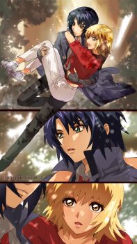 1boy 1girl arms_around_neck athrun_zala black_hair black_pants blonde_hair cagalli_yula_athha carrying couple fingerless_gloves gloves green_eyes grey_gloves grey_jacket grey_shirt gundam gundam_seed gundam_seed_destiny gundam_seed_freedom hetero highres jacket looking_at_another necktie oliverb26658072 open_clothes open_jacket open_mouth pants princess_carry red_necktie red_shirt shirt short_hair short_sleeves split_screen straight_hair twitter_username white_footwear white_pants yellow_eyes