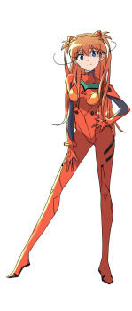Rule 34 | 1girl, alternate hair length, alternate hairstyle, blue eyes, bodysuit, breasts, curvy, full body, hand on own hip, highres, interface headset (evangelion), legs apart, long hair, looking at viewer, mecha pilot suit, neon genesis evangelion, orange hair, red bodysuit, sashimi (sasihmi), simple background, smile, solo, souryuu asuka langley, standing, two side up, very long hair, white background