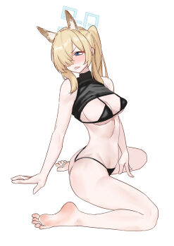 1girl absurdres alternate_costume animal_ears arm_support ass barefoot between_legs bikini black_bikini black_shirt blonde_hair blue_archive blue_eyes blue_halo blush breasts clenched_teeth clothes_lift commentary_request dog_ears dog_girl extra_ears eyebrows_hidden_by_hair feet full_body hair_over_one_eye halo hand_between_legs highres kanna_(blue_archive) large_breasts leaning_back long_bangs long_hair looking_down one_eye_covered ponytail rectangular_halo shangdi_de_fa_zhang shirt shirt_lift sidelocks simple_background sitting sleeveless sleeveless_shirt soles solo swimsuit teeth thighs toes turtleneck turtleneck_shirt v-shaped_eyebrows wariza white_background