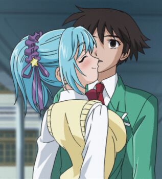 1boy 1girl animated animated_gif aono_tsukune blue_hair breast_on_chest breast_press breasts kurono_kurumu large_breasts ponytail ribbon rosario+vampire screencap short_hair