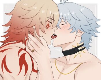 Rule 34 | 2boys, absurdres, antenna hair, arm tattoo, black choker, blazingstrife, blonde hair, braid, choker, closed eyes, commentary, facial tattoo, gradient hair, highres, honkai: star rail, honkai (series), kiss, male focus, medium hair, multicolored hair, multiple boys, mydei (honkai: star rail), neck tattoo, parted bangs, phainon (honkai: star rail), red hair, red tattoo, short hair, side braid, sun symbol, sun tattoo, tan, tattoo, white hair, yaoi