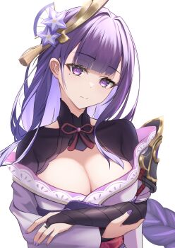 1girl armor arms_under_breasts blunt_bangs braid breasts cleavage closed_mouth commentary_request crossed_arms ewaaawa expressionless flower genshin_impact hair_flower hair_ornament head_tilt highres japanese_clothes kimono light_particles long_hair long_sleeves looking_at_viewer low-braided_long_hair low-tied_long_hair mole mole_under_eye nail_polish neck_ribbon off_shoulder purple_eyes purple_flower purple_hair purple_kimono purple_nails raiden_shogun red_ribbon ribbon shoulder_armor shrug_(clothing) sidelocks single_braid solo tassel tassel_hair_ornament upper_body white_background
