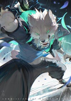 1boy absurdres animal_ear_fluff arm_up black_footwear black_pants blue_shirt body_fur claws commission cporing electricity english_text furry furry_male green_eyes grey_fur highres holding holding_weapon jacket legs_apart male_focus open_clothes open_jacket open_mouth original outdoors pants petals rain shadow sharp_teeth shirt shoes short_sleeves signature snout strap tail teeth weapon weapon_on_back white_fur wolf