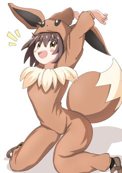 Rule 34 | 1girl, :d, arms up, blush stickers, brown eyes, brown hair, brown shoes, commentary request, cosplay, eevee, eevee (cosplay), gen 1 pokemon, happy, highres, hood, hood up, isgod, long sleeves, nintendo, notice lines, onesie, open mouth, poke kid (pokemon), pokemon, pokemon swsh, shoes, short hair, smile, solo, stretching, teeth, tongue, upper teeth only, white background