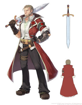1boy armband belt belt_buckle black_armband black_belt black_pants bracer brown_belt brown_facial_hair brown_gloves brown_hair brown_shoes buckle button-down_collar buttons caesty closed_mouth coat collared_shirt commentary_request dated_commentary dress_shirt expressionless facial_hair floral_print from_behind full_body gloves gold_buckle hand_on_own_hip highres holding holding_sword holding_weapon korean_commentary lapels legs_apart loose_belt male_focus martin_danseburg mature_male mechanical_arms mechanical_hands nexon nose official_art open_clothes open_coat over_shoulder pants pink_eyes print_armband production_art red_coat red_sleeves rose_print shirt shoes simple_background single_glove single_mechanical_arm single_mechanical_hand sleeve_cuffs standing sword sword_over_shoulder tales_weaver three-quarter_sleeves v-shaped_eyebrows weapon weapon_over_shoulder white_background wing_collar