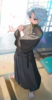 1boy blue_eyes commentary_request fate/grand_order fate_(series) highres japanese_clothes lack male_focus official_artist_extra petals scar scar_on_face short_hair solo toudou_heisuke_(fate) white_hair