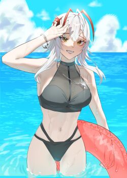 Rule 34 | 1girl, ahoge, alternate costume, antenna hair, arknights, bikini, black bikini, blue sky, bracelet, breasts, center-flap bangs, cloud, cloudy sky, commentary, cowboy shot, day, eyeliner, glint, gluteal fold, grey hair, grin, highres, holding, holding swim ring, innertube, jewelry, large breasts, looking at viewer, magnum 0000, makeup, medium hair, multi-strapped bikini bottom, multicolored hair, nail polish, navel, necklace, ocean, outdoors, red eyeliner, red hair, red nails, shading eyes, sky, slit pupils, smile, solo, stomach, streaked hair, swim ring, swimsuit, toned, toned female, two-tone hair, w (arknights), wading, wet, yellow eyes