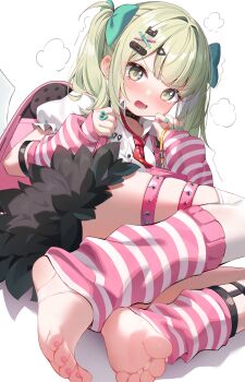 Rule 34 | 1girl, alternate hairstyle, aqua nails, arm warmers, bandaid, bandaid hair ornament, barefoot, black choker, black skirt, blush, chinese commentary, choker, commentary request, fur-trimmed skirt, fur trim, green eyes, green hair, hair ornament, hair ribbon, highres, jewelry, leg warmers, long hair, looking at viewer, lying, multicolored leg warmers, multiple hair clips, multiple thigh straps, nahaki, nail polish, necktie, no shoes, on side, open mouth, pink arm warmers, pink bag, pink leg warmers, pink nails, red necktie, ribbon, ring, shirt, skirt, soles, solo, stirrup legwear, striped arm warmers, striped leg warmers, sunna (zenless zone zero), tears, thigh strap, toeless legwear, toenail polish, toenails, toes, twintails, two-tone leg warmers, white shirt, white wings, winged bag, wings, zenless zone zero