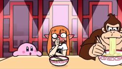accident animated artist_request ass blush crossover donkey_kong donkey_kong_(series) eating fangs fart farting_in_face food humiliation indoors inkling inkling_girl inkling_player_character kirby kirby_(series) loli long_hair nintendo noodles orange_hair parody pointy_ears ramen shirt sitting smell smelly_anus sound splatoon_(series) super_smash_bros. surprised sweat sweatdrop tagme tentacle_hair video white_shirt