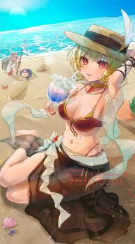 Rule 34 | 1boy, 2girls, alcryst (fire emblem), alternate costume, bare shoulders, beach, bikini, blonde hair, blue hair, breasts, brown bikini, brown sarong, citrinne (fire emblem), cleavage, cooler, crab, cup, drink, drinking straw, fire emblem, fire emblem engage, fire emblem heroes, flat cap, flower, food, fruit, harpoon, hat, highres, holding, holding cup, holding harpoon, iipzeyjhms0dohl, jacket, jewelry, lapis (fire emblem), lapis (forager of the sea) (fire emblem), medium breasts, multicolored bikini, multiple girls, navel, necklace, nintendo, official alternate costume, open mouth, pink eyes, pink hair, red bikini, red eyes, sand, sand castle, sand sculpture, sarong, seashell, see-through clothes, see-through jacket, see-through sarong, shell, short hair, smile, starfish, stomach, swimsuit, tackle box, two-tone hat, watermelon, white hat, white jacket