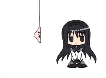 10s 1girl :< akemi_homura akemi_homura_(magical_girl) animated animated_gif black_hair blush chibi clothes_writing estel female_focus fishing fishing_line hairband long_hair lowres magical_girl mahou_shoujo_madoka_magica mahou_shoujo_madoka_magica_(anime) panties pantyhose pulling q-v_(levia) simple_background sitting solo underwear wariza