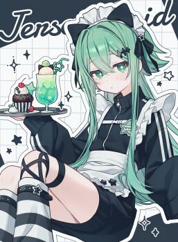 1girl absurdres animal_ears apron black_jacket black_leg_warmers black_ribbon cat_ears cherry closed_mouth cup cupcake dot_mouth dot_nose fake_animal_ears feet_out_of_frame food frilled_apron frills fruit green_eyes hair_between_eyes hair_flaps hair_intakes hair_ribbon highres holding holding_tray jacket jersey_maid leg_warmers lemonade light_blush long_hair looking_at_viewer maid maid_headdress namin_(anjpzaobmhbppxs) nanase_(namin) original outline ribbon sidelocks sitting solo sparkle_hair_ornament star-shaped_pupils star_(symbol) striped_leg_warmers symbol-shaped_pupils tray unconventional_maid white_apron white_leg_warmers white_outline