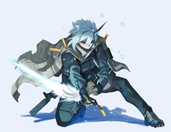 1girl absurdres bendit black_gloves black_horns blue_eyes cloak elena_deheart_woo_(bendit) energy_sword gloves gun highres horns jacket kneeling multicolored_gloves original simple_background single_horn solo suppressor sword two-tone_gloves weapon white_background white_hair yellow_gloves