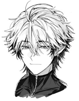 Rule 34 | 1boy, ahoge, closed mouth, commentary request, earrings, greyscale, hair between eyes, half-closed eyes, jewelry, looking at viewer, male focus, monochrome, multicolored hair, portrait, shiguang dailiren, shirt, short hair, simple background, sketch, smile, solo, turtleneck, two-tone hair, tyoookozuki, upper body, white background, xia fei, zipper, zipper pull tab