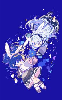 2girls arms_up asahina_mafuyu black_hairband black_hanbok blue_background blue_eyes blue_hair blue_hanbok brown_footwear buchu14569590 chibi closed_mouth commentary floating hair_ornament hairband hanbok high_ponytail highres korean_clothes long_sleeves moon_print multiple_girls one_eye_closed ponytail project_sekai reaching reaching_towards_viewer shoes socks star_(sky) star_(symbol) symbol-only_commentary tassel tassel_hair_ornament white_socks yoisaki_kanade