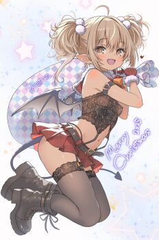 1girl 2025 ahoge arm_strap artist_name bell belt bilingual_commentary black_belt black_boots black_panties black_thighhighs black_tube_top blonde_hair blush boots breasts bright_pupils brown_eyes capelet christmas commentary commentary_request dark-skinned_female dark_skin demon_girl demon_tail demon_wings english_commentary from_side full_body fur-trimmed_capelet fur-trimmed_gloves fur_trim garter_straps gloves hair_between_eyes hair_bobbles hair_ornament heart high_heel_boots high_heels highleg highleg_panties highres holding holding_sack lace lace-trimmed_thighhighs lace_trim looking_at_viewer merry_christmas midriff miniskirt mixed-language_commentary navel neck_bell open_mouth original panties panty_straps plaid_clothes plaid_skirt po_yo_ta_ma pointy_ears red_capelet red_gloves red_skirt sack short_hair short_twintails skirt small_breasts smile solo star_(symbol) strapless tail thighhighs tube_top twintails underwear unmoving_pattern white_pupils wings