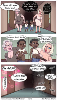 2boys 2girls 4koma age_difference breasts cleavage comic commentary dark-skinned_male dark_skin english_commentary highres interracial multiple_boys multiple_girls nomad_reverse shota smile speech_bubble