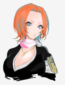 1girl 2022 badge bleach blue_eyes breasts chain chain_necklace closed_mouth collarbone female_focus fukutaichou_badge highres jewelry large_breasts lips matsumoto_rangiku medium_hair mole mole_under_mouth necklace orange_hair pink_scarf scarf shihakusho ui_1231 upper_body