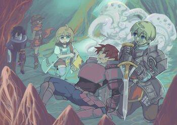 1other 2girls 3boys ahoge alchemist_(sekaiju) alchemist_1_(sekaiju) armor bag blonde_hair blue_eyes bow_(weapon) brown_hair commentary_request duffel_bag etrian_odyssey gauntlets greaves green_eyes green_hat hat hoh_bob_pop lab_coat long_hair medic_(sekaiju) medic_2_(sekaiju) monster multiple_boys multiple_girls orange_hair paladin_(sekaiju) paladin_1_(sekaiju) pink_armor primevil_(sekaiju) ranger_(sekaiju) ranger_2_(sekaiju) red_hair sekaiju_no_meikyuu sekaiju_no_meikyuu_1 short_hair shorts smile swordsman_(sekaiju) swordsman_3_(sekaiju) thighhighs victory weapon