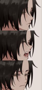 1girl air_shakur_(umamusume) black_hair commentary_request eyebrow_piercing eyelashes face_piercing frown highres looking_at_viewer moheji_(user_gywn2472) multiple_views open_mouth parted_lips piercing sharp_teeth simple_background teeth umamusume yellow_eyes