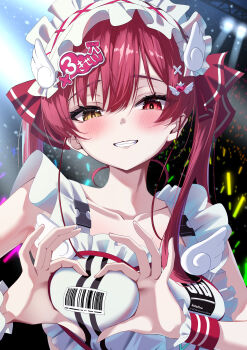 Rule 34 | 1girl, :d, absurdres, apron, breasts, commentary request, concert, four-finger heart hands, frilled apron, frills, glowstick, grin, hair ornament, hair ribbon, heart, heart hands, heterochromia, highres, hololive, hololive 3rd generation live outfit, houshou marine, large breasts, long hair, looking at viewer, maid, maid headdress, naked apron, official alternate costume, open mouth, penlight (glowstick), puripuri, red eyes, red hair, red ribbon, ribbon, short sleeves, smile, solo, twintails, upper body, virtual youtuber, white apron, wing hair ornament, wrist cuffs, yellow eyes