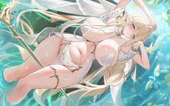 1girl absurdres arm_above_head arms_up azur_lane bare_shoulders between_breasts between_thighs blonde_hair blush bra braid braided_ponytail breasts breasts_apart chain collarbone commentary elf from_above gem gold_chain gold_thighlet gold_trim gouden_leeuw_(azur_lane) green_gemstone groin hair_between_eyes hair_spread_out halterneck heart heart_tattoo highres huge_breasts light_particles long_hair looking_at_viewer lying mole mole_under_eye navel no_panties on_back parted_lips pelvic_curtain plant pointy_ears pubic_tattoo purple_eyes revealing_clothes see-through_clothes sidelocks skyfracture soaking_feet solo staff stomach tattoo thighlet thighs underwear very_long_hair water wet white_bra