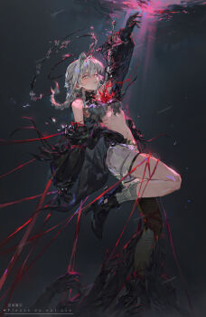 1girl absurdres ankle_boots arm_up bare_shoulders black_boots black_bow black_bowtie black_flower black_gloves black_halo black_rose black_shirt black_thighhighs boots bow bowtie braid chinese_commentary commentary_request commission double_halo flower full_body gloves grey_hair grey_socks hair_between_eyes halo high_heels highres legs long_hair looking_up making-of_available navel open_clothes open_shirt original parted_lips qingfeng_canying rose shirt short_shorts shorts single_braid single_thighhigh socks stomach submerged thighhighs thighs torn_clothes white_flower white_shorts yellow_eyes