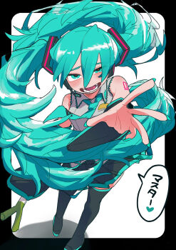 Rule 34 | 1girl, aqua eyes, aqua hair, aqua necktie, bare shoulders, black boots, black sleeves, boots, collared shirt, commentary, detached sleeves, food, grey shirt, hair between eyes, hatsune miku, highres, holding, holding food, holding spring onion, holding vegetable, long hair, looking at viewer, making-of available, necktie, open mouth, reaching, reaching towards viewer, red pupils, shirt, smile, solo, speech bubble, spring onion, tadeno, teeth, thigh boots, tongue, translated, vegetable, very long hair, vocaloid