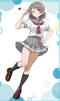 1girl absurdres black_socks blue_eyes breasts brown_hair highres loafers love_live! love_live!_sunshine!! medium_breasts midriff_peek neckerchief one_eye_closed pleated_skirt red_neckerchief sailor_collar shirt shirt_overhang shoes skirt smile socks solo standing standing_on_one_leg watanabe_you white_shirt zaofeng
