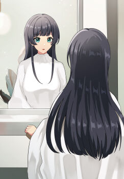 1girl aqua_eyes barber_cape black_hair commission d4dj from_behind front_and_back highres long_hair looking_at_mirror mirror mitarashi38o plant sitting skeb_commission togetsu_rei
