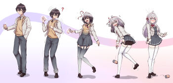 1boy 1girl ? absurdres ahoge alisa_mikhailovna_kujou bike_shorts black_eyes black_hair blue_eyes blue_pants blue_skirt blush bow breasts brown_cardigan brown_shoes can cardigan character_transformation genderswap genderswap_(mtf) gradient_background grey_hair hair_ribbon highres kuze_masachika long_hair medium_breasts pants pleated_skirt pout red_bow red_ribbon ribbon school_uniform sequential shoes skirt surprised thighhighs tokidoki_bosotto_roshia-go_de_dereru_tonari_no_alya-san transformation transforming_clothes unmeiyuu white_thighhighs