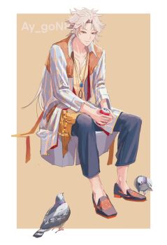 Rule 34 | 1boy, ay gon8, bird, black pants, black shoes, border, brown eyes, can, collared shirt, commentary request, dissidia duellum final fantasy, dissidia final fantasy, drink can, final fantasy, final fantasy ii, firion, firion (exotic wanderer), full body, grey hair, highres, holding, holding can, jewelry, long shirt, multiple necklaces, necklace, official alternate costume, pants, parted lips, pigeon, shirt, shoes, short hair with long locks, sitting, solo, twitter username, white border