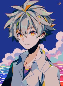 1boy blue_sky closed_mouth cloud collarbone commentary_request crescent evangelion:_3.0_you_can_(not)_redo grey_hair hair_between_eyes highres looking_at_viewer male_focus mizuki_tsukimori nagisa_kaworu neon_genesis_evangelion ocean orange_eyes purple_shirt rebuild_of_evangelion shirt short_hair sky solo upper_body white_shirt