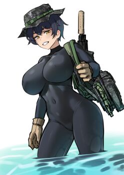 absurdres black_bodysuit black_hair bodysuit borrowed_character breasts brown_gloves camouflage_hat covered_navel cowboy_shot gloves highres huge_breasts k0ng original sergeant_joo short_hair smile solo wading water white_background yellow_eyes