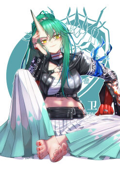 1girl arknights arm_scarf bare_shoulders barefoot belt black_belt black_jacket breasts chest_sarashi chinese_commentary closed_mouth collarbone commentary_request facial_scar feet fingernails full_body gloves green_hair hair_between_eyes hakama hakama_pants hand_on_own_cheek hand_on_own_face high_belt high_ponytail highres horns hoshiguma_(arknights) hoshiguma_the_breacher_(arknights) jacket japanese_clothes jewelry knee_up knees_apart_feet_together large_breasts long_fingernails long_hair looking_at_viewer midriff multiple_rings nail_polish navel official_alternate_costume oni pants ponytail red_gloves red_nails ring sarashi scar scar_on_cheek scar_on_face shadow sidelocks signature single_glove single_horn sitting skin-covered_horns solo toenail_polish toenails toes underbust very_long_hair white_hakama yamauchi_kouen yellow_eyes