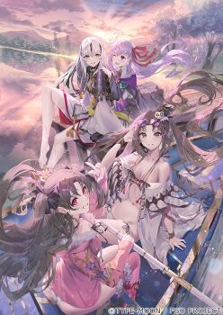 4girls armor bare_shoulders bb_(fate) bb_(fate/extra) bikini black_coat black_hair black_skirt blush boat breasts brown_eyes brown_hair cleavage coat collar collarbone collared_shirt dock earrings eyewear_on_head fate/grand_order fate_(series) fur-trimmed_legwear fur_trim gloves gradient_sky green_eyes grin hair_between_eyes hair_ornament hair_ribbon hood hoodie hoop_earrings ishtar_(fate) ishtar_(swimsuit_rider)_(fate) jacket japanese_armor jewelry large_breasts long_hair long_skirt long_sleeves looking_at_viewer looking_back medium_breasts metal_collar multicolored_hair multiple_girls nagao_kagetora_(fate) navel neck_ribbon oar official_art on_boat one-piece_swimsuit one_eye_closed open_clothes open_coat open_mouth orange_sky parted_bangs pink_hoodie pink_jacket pink_thighhighs popped_collar purple_eyes purple_hair red_eyes red_ribbon ribbon robe rowboat sash shirt shoulder_armor sidelocks single_thighhigh sitting skirt sky smile sode suneate sunglasses sunset swimsuit thighhighs tiara twintails two-tone_hair two_side_up very_long_hair watercraft white_bikini white_gloves white_hair white_shirt white_skirt wide_sleeves yellow_sash yoshimoto_(dear_life) yu_mei-ren_(fate) yu_mei-ren_(swimsuit_lancer)_(fate)