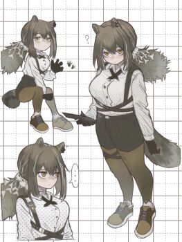 1girl animal_ear_piercing animal_ears arknights bags_under_eyes black_gloves black_shorts blush breasts brown_hair brown_leggings brown_shoes chibi chibi_inset collared_shirt commentary_request cross_tie freckles full_body gloves highres hiruandon222 holding holding_knife invisible_chair knife leggings leggings_under_shorts medium_breasts multicolored_hair multiple_views ponytail raccoon_ears raccoon_girl raccoon_tail ringed_eyes robin_(arknights) shirt shirt_tucked_in shoes shorts simple_background sitting standing streaked_hair tail white_background white_shirt white_streaks yellow_eyes
