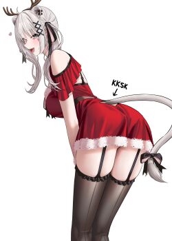Rule 34 | 1girl, :d, absurdres, ahoge, animal ear piercing, animal ears, bent over, black thighhighs, breasts, clothing cutout, commentary request, dress, extra ears, fake antlers, from behind, fur-trimmed dress, fur trim, garter straps, grey eyes, grey hair, highres, hololive, large breasts, lion ears, lion girl, lion tail, long hair, looking at viewer, open mouth, red dress, shishiro botan, short dress, shoulder cutout, simple background, smile, solo, tail, tail through clothes, teeth, thighhighs, twintails, upper teeth only, virtual youtuber, wanne, white background