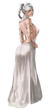 1girl absurdres armlet ass backless_dress backless_outfit baldur's_gate baldur's_gate_3 braid braided_ponytail breasts commentary dress elf english_commentary green_eyes hands_on_own_hips highres j@ck jewelry large_breasts long_dress long_hair looking_at_viewer looking_back pointy_ears shadowheart_(baldur's_gate) sideboob simple_background smile white_background white_dress white_hair