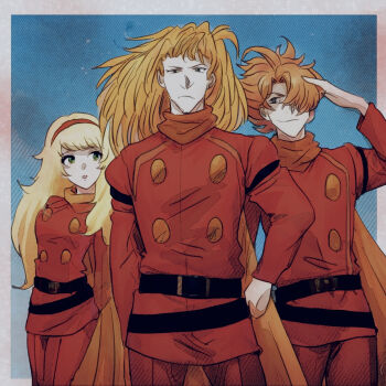 1girl belt big_nose black_belt blonde_hair brown_hair coat cyborg cyborg_009 francoise_arnoul green_eyes hair_over_one_eye hairband highres jet_link long_hair orange_hair pants red_coat red_hairband red_pants salute sariokisu scarf shimamura_joe yellow_scarf