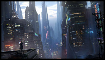 1boy building city city_lights cityscape cloud cloudy_sky commentary cyberpunk dusk english_commentary from_behind highres neon_lights on_rooftop original outdoors painterly radio_tower raphael-lacoste rooftop scenery sky smoking towel