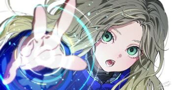 1girl android aqua_eyes blonde_hair blue_coat blurry blurry_foreground coat commentary_request diana_(pragmata) long_hair long_sleeves looking_at_viewer open_mouth outstretched_arm padded_coat portrait pragmata puffy_coat signature simple_background solo teeth white_background ykhkex