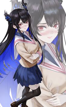 Rule 34 | 1girl, absurdres, alternate costume, asymmetrical horns, black hair, blue hair, blue shirt, blunt bangs, blush, brown jacket, clannad, closed mouth, colored inner hair, crossed arms, demon horns, dhbwinner, flower, highres, hikarizaka private high school uniform, hololive, hololive english, horn flower, horns, jacket, long hair, looking at viewer, mole, mole under eye, multicolored hair, nerissa ravencroft, plaid clothes, plaid skirt, purple eyes, red eyes, sailor collar, school uniform, shirt, sidelocks, simple background, skirt, sleeve cuffs, smile, solo, standing, straight hair, undershirt, uneven horns, very long hair, virtual youtuber, white background, white sailor collar, zoom layer