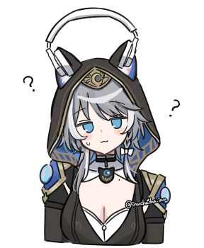 1girl :3 ? animal_ears animal_hood blue_eyes bow braid breasts cat_ears cat_girl choker cipher_(honkai:_star_rail) cleavage coin commentary grey_hair hair_bow head_tilt headphones highres honkai:_star_rail honkai_(series) hood inuchacha_inu leotard medium_breasts mole symbol-only_commentary upper_body white_background white_streaks