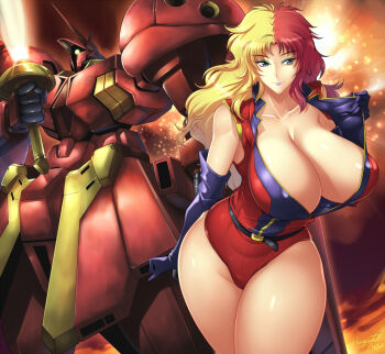 Rule 34 | 1girl, breasts, chara soon, cleavage, gundam, gundam zz, haganef, huge breasts, mecha, multicolored hair, r-jarja, robot, smile