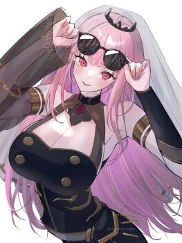 1girl black_dress black_tiara blush bow bow_choker breasts choker cleavage detached_sleeves dress eyewear_on_head highres holding hololive hololive_english jewelry large_breasts long_hair looking_at_viewer mori_calliope mori_calliope_(1st_costume) open_mouth pink_eyes pink_hair red_eyes sashimi_(xoxosashimixoxo) single_detached_sleeve smile solo sunglasses tiara veil virtual_youtuber