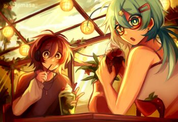 1boy 1girl absurdres antennae black_shirt breasts bright_pupils brown_eyes brown_hair closed_mouth commentary_request commission cup double-parted_bangs drinking_glass earrings food glasses hair_between_eyes headphones highres hijimasa holding holding_food holding_ice_cream ice_cream indoors jewelry looking_at_viewer medium_hair necklace open_mouth original plant potted_plant shirt short_hair spanish_commentary stud_earrings vase white_pupils