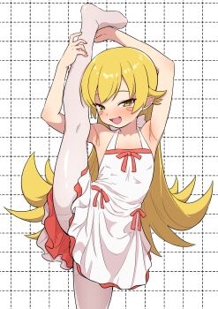 1girl :d absurdres armpit_focus armpits blonde_hair blush_stickers commentary_request dress highres leg_up long_hair looking_at_viewer monogatari_(series) open_mouth oshino_shinobu pantyhose sleeveless sleeveless_dress smile solo split standing standing_on_one_leg standing_split white_background white_dress white_pantyhose yellow_eyes yoshikirino