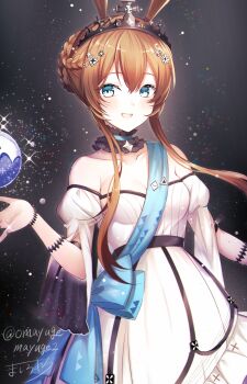 1girl :d amiya_(arknights) animal_ears arknights blue_eyes braid breasts brown_hair cleavage collarbone commentary_request detached_sleeves dress frilled_dress frills hair_between_eyes highres long_hair long_sleeves looking_at_viewer mashiro_aa medium_breasts open_mouth puffy_long_sleeves puffy_sleeves rabbit_ears signature smile solo strapless strapless_dress tiara twitter_username very_long_hair white_dress white_sleeves